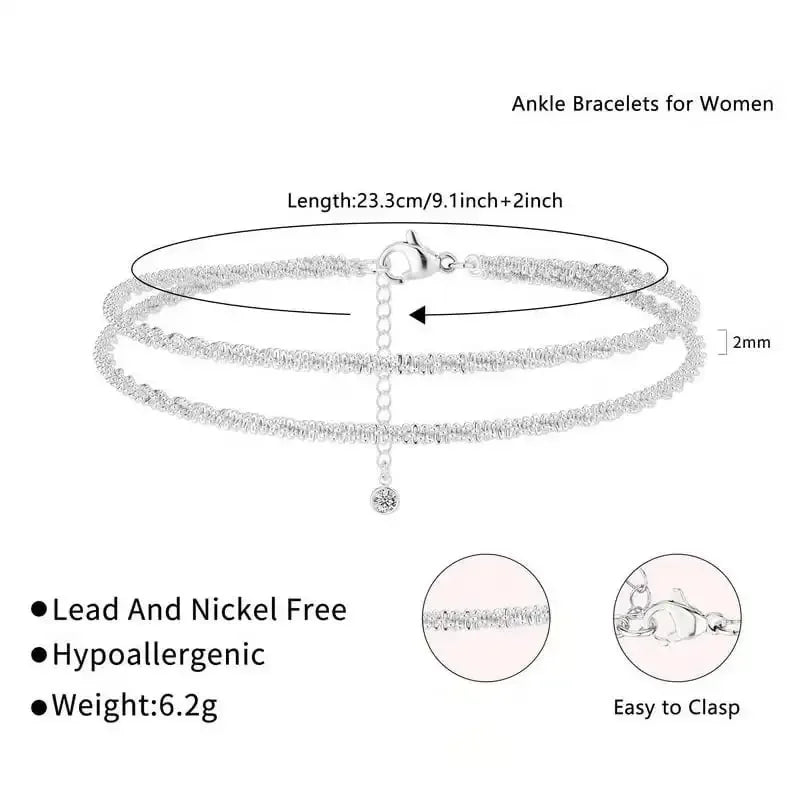 Dainty Layered Anklet for Women Stainless Steel Glitter Anklet Bracelet Summer Beach Waterproof Mother's Day Gift for Friend