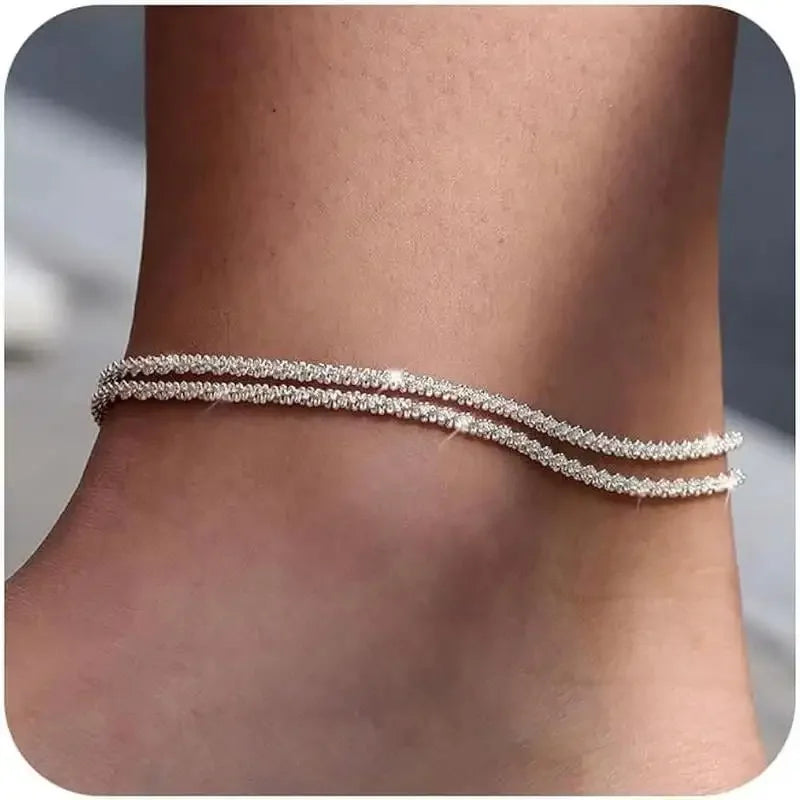 Dainty Layered Anklet for Women Stainless Steel Glitter Anklet Bracelet Summer Beach Waterproof Mother's Day Gift for Friend