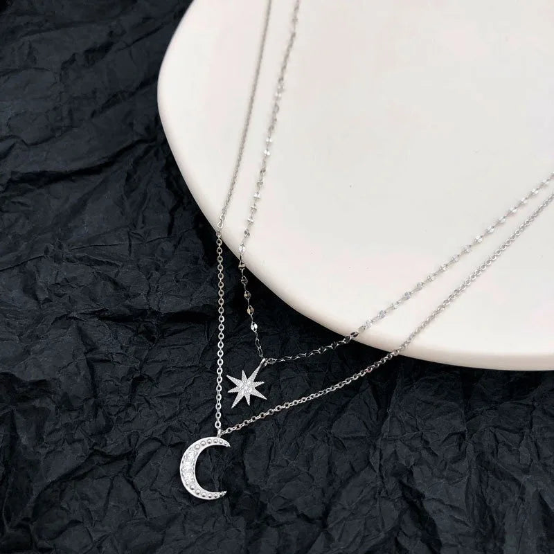 Necklace for Women Double Layer Zircon star Moon Pendant Necklace DelicateChain Charm Elegant Fashion Jewelry Gifts