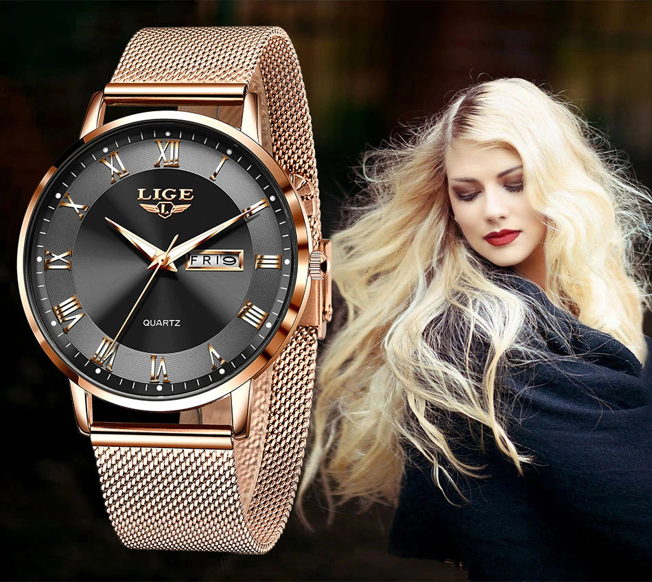 LIGE Luxury Ladies Watch Women Waterproof Rose Gold Steel Strap Women Wristwatch Top Brand Bracelet Clocks Relogio Feminino