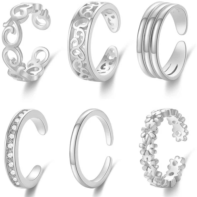 6Pcs Toe Rings for Women Adjustable Stainless Steel Gifts Summer Beach Foot Jewelry Hawaiian Foot Jewelry Foot Ring