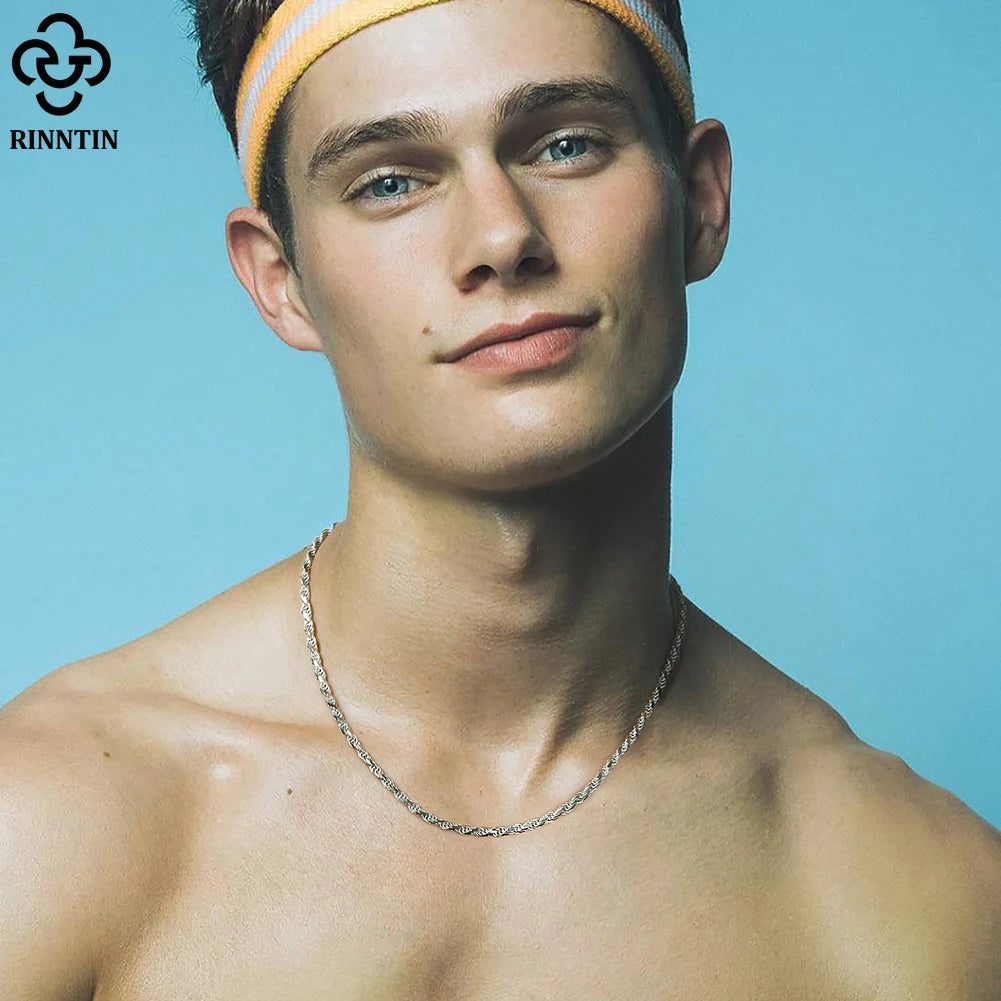 Rinntin Luxury 925 Sterling Silver Diamond-Cut Rope Chain Necklace For Men Women Fashion Italian Silver Neck Chain Jewelry SC29