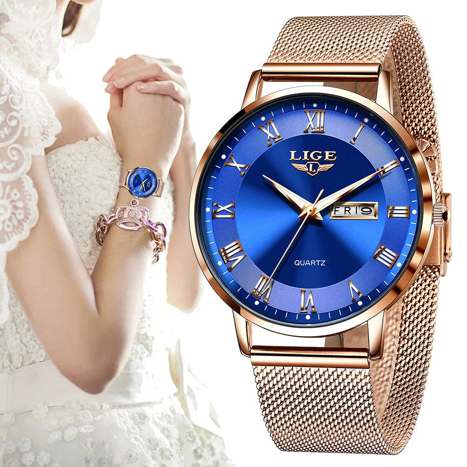 LIGE Luxury Ladies Watch Women Waterproof Rose Gold Steel Strap Women Wristwatch Top Brand Bracelet Clocks Relogio Feminino