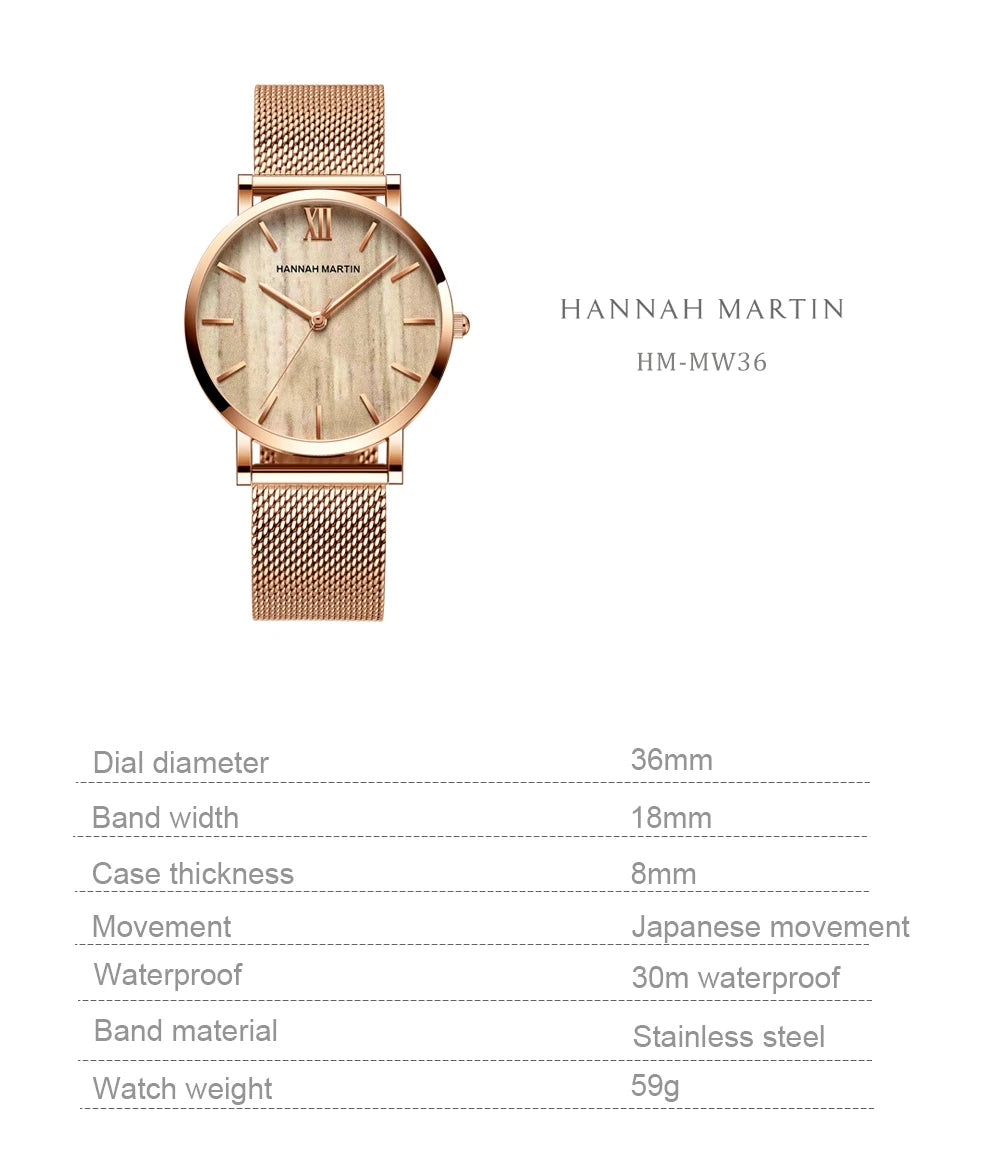 HANNAH MARTIN Brand Quality Stainless Steel Japan Quartz Movement Waterproof Women 36mm Full Rose Gold Ladies Dropshipping Watch