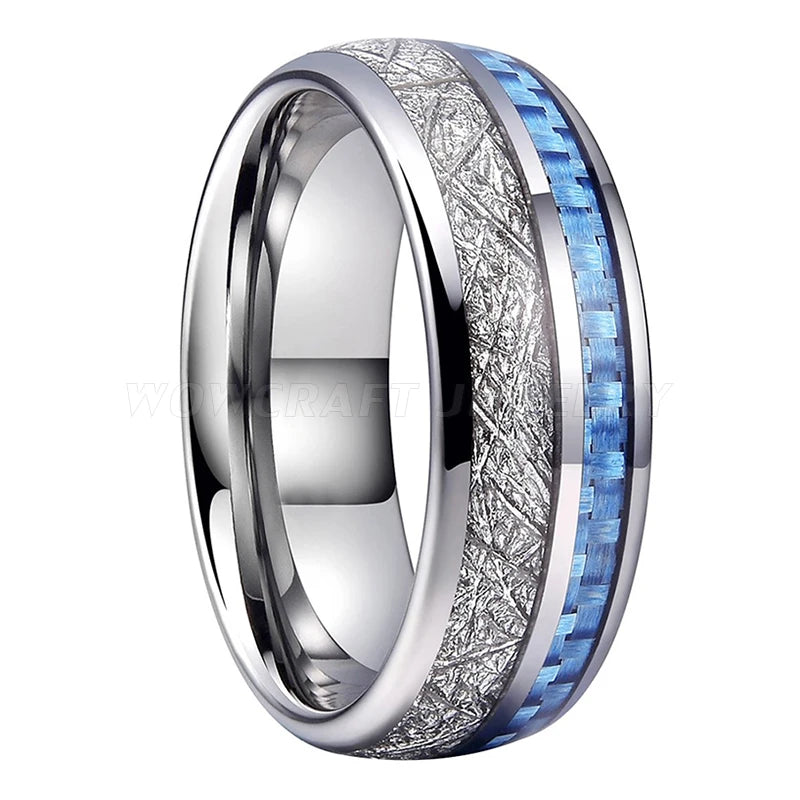 Tungsten Carbide Ring for Men Women Wedding Band Light Blue Carbon Fiber Meteorite Inlay Polished Shiny Comfort Fit