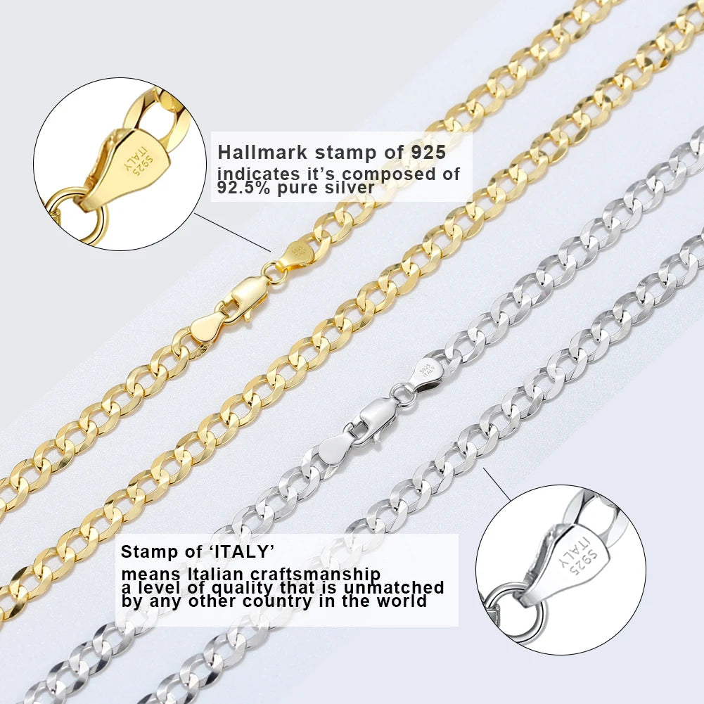 Rinntin 18K Gold Over 925 Sterling Silver 3mm/5mm Italian Diamond Cut Cuban Link Curb Chain Necklace for Women Men Jewelry SC60