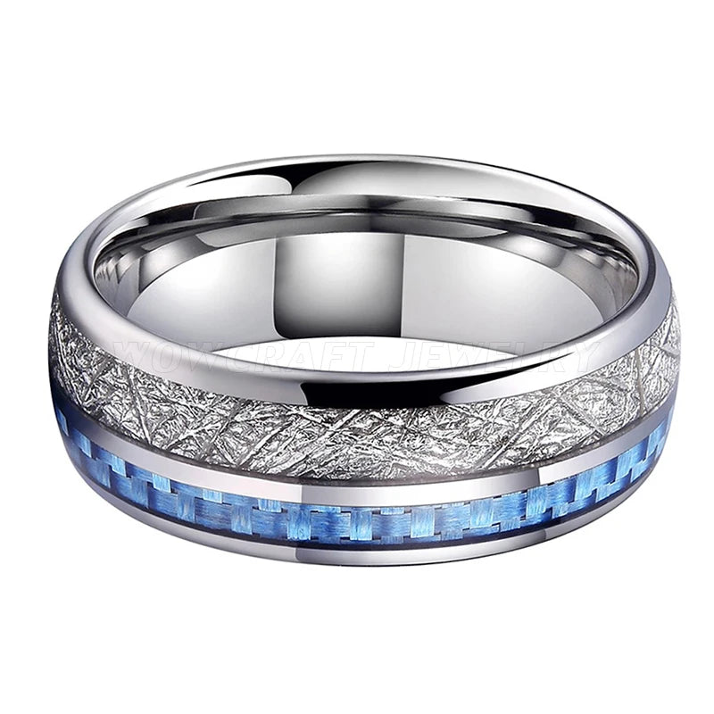 Tungsten Carbide Ring for Men Women Wedding Band Light Blue Carbon Fiber Meteorite Inlay Polished Shiny Comfort Fit