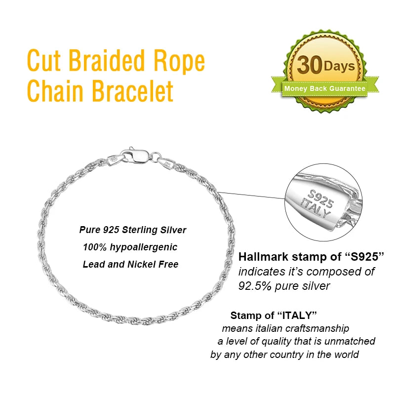 Rinntin Luxury 925 Sterling Silver Diamond-Cut Rope Chain Necklace For Men Women Fashion Italian Silver Neck Chain Jewelry SC29