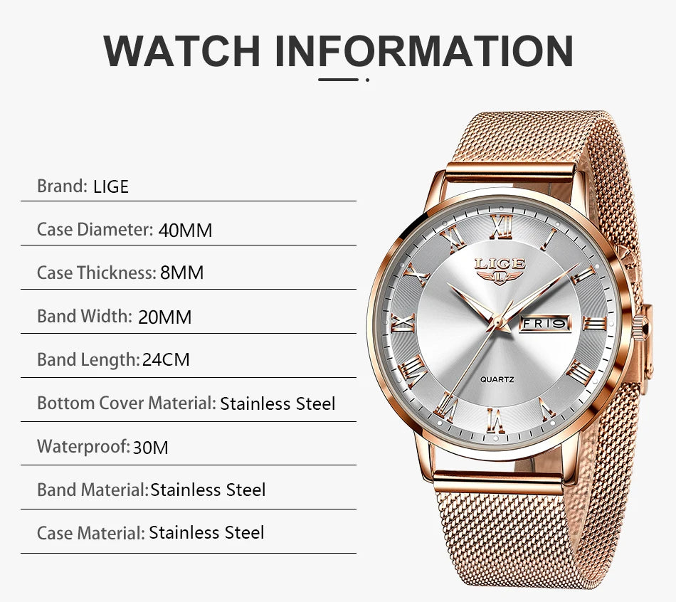 LIGE Luxury Ladies Watch Women Waterproof Rose Gold Steel Strap Women Wristwatch Top Brand Bracelet Clocks Relogio Feminino