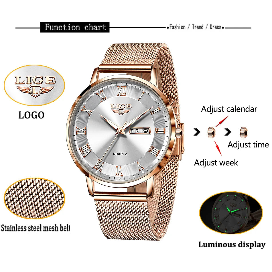 LIGE Luxury Ladies Watch Women Waterproof Rose Gold Steel Strap Women Wristwatch Top Brand Bracelet Clocks Relogio Feminino