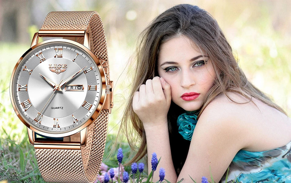 LIGE Luxury Ladies Watch Women Waterproof Rose Gold Steel Strap Women Wristwatch Top Brand Bracelet Clocks Relogio Feminino