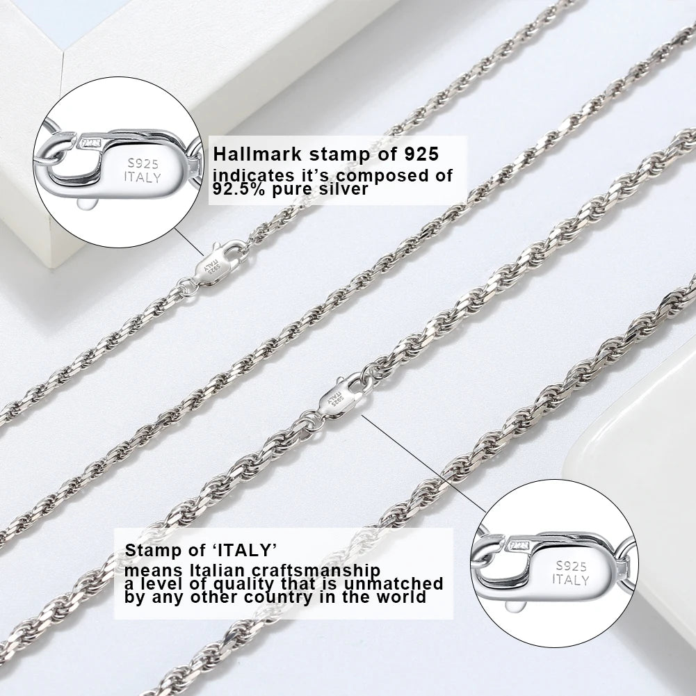 Rinntin Luxury 925 Sterling Silver Diamond-Cut Rope Chain Necklace For Men Women Fashion Italian Silver Neck Chain Jewelry SC29