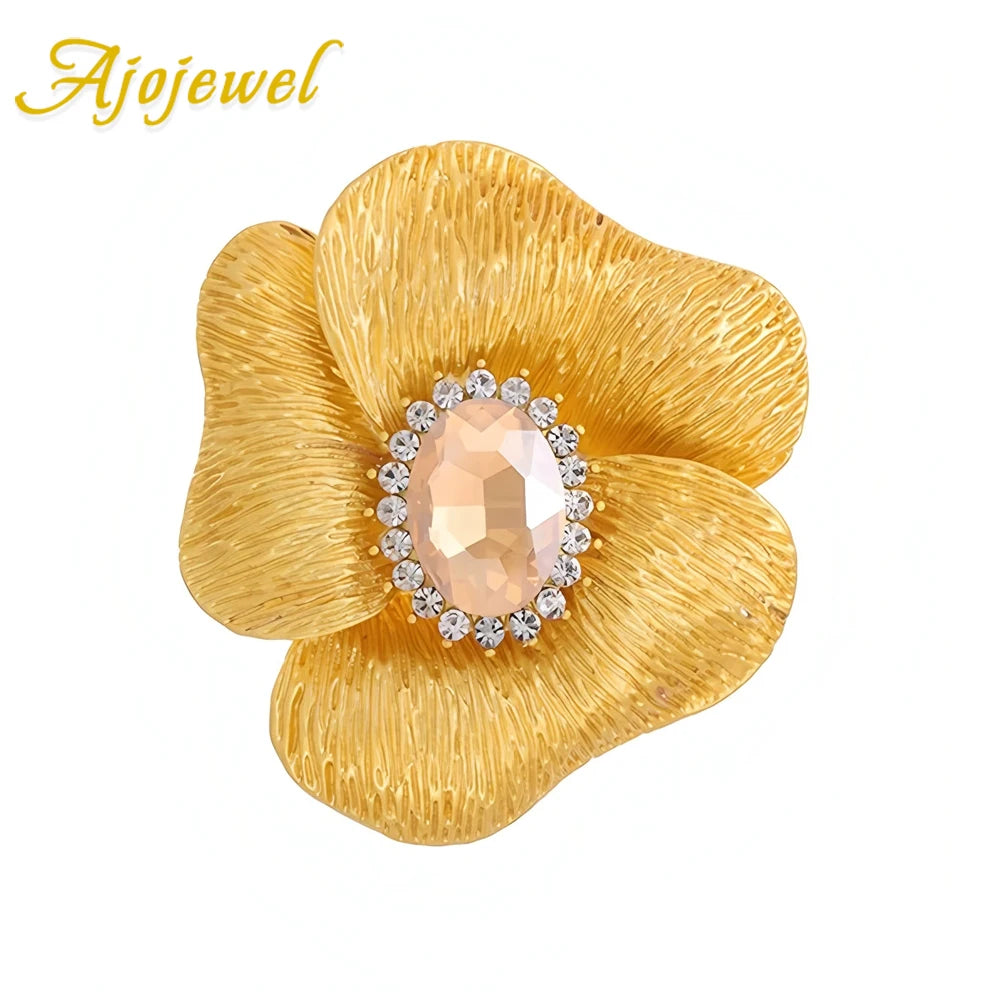 Ajojewel Large Metal Flower Brooch Red/Champagne Crystal Golden Pin Vintage To Clothe Cardigan Fashionable Gift