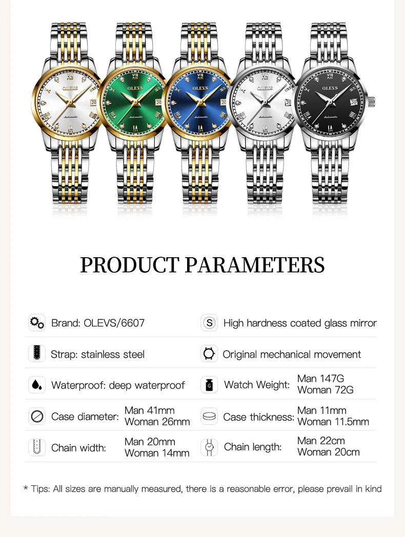 100% Original OLEVS Automatic Mechanical Couple Wrist Watches for Men and Women Waterproof Watches His or Hers Lover's Watch Set