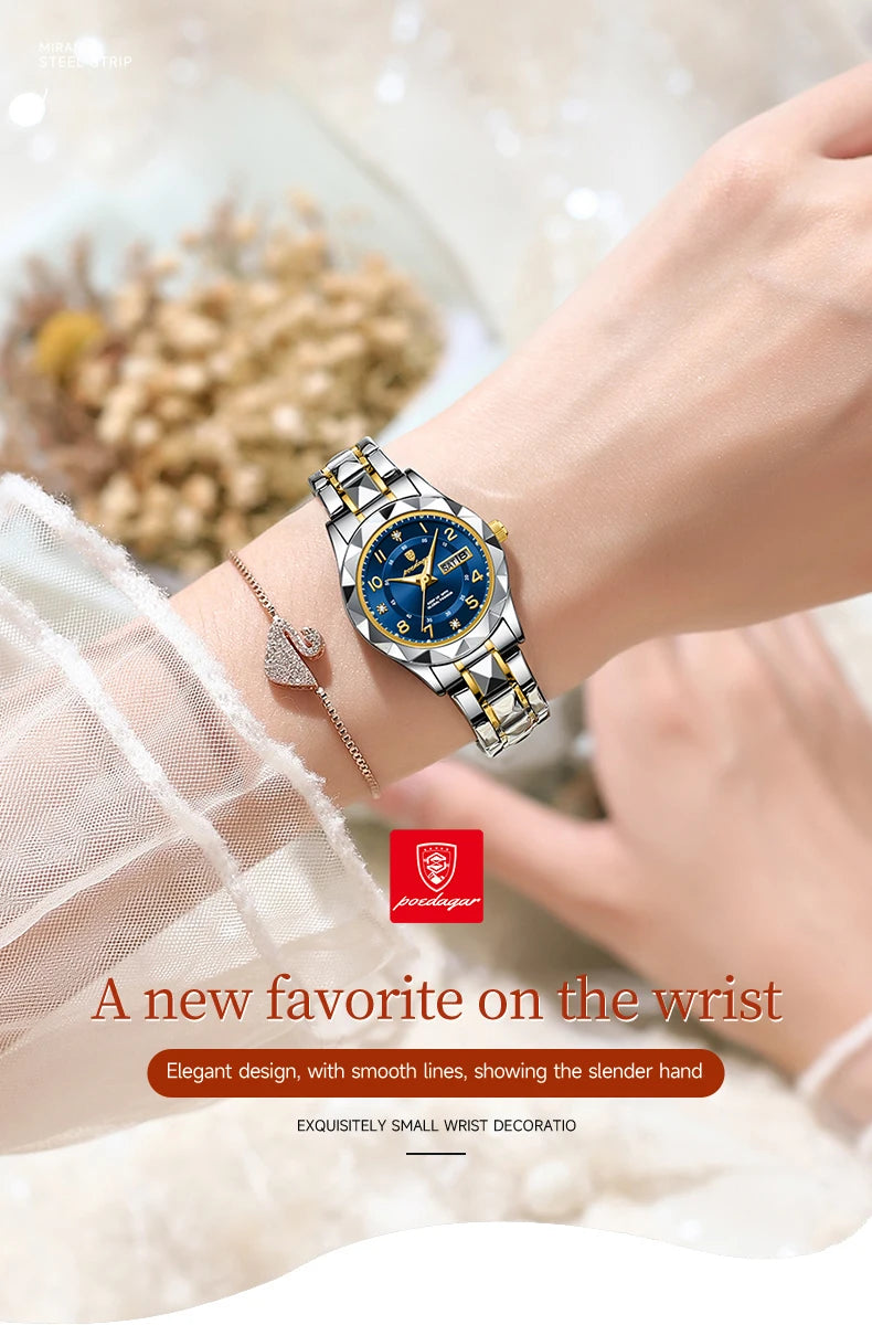 POEDAGAR Luxury Women's Watches Waterproof Luminous Date Week Ladies Watch for Female Quartz Stainless Steel Dress Women Watch