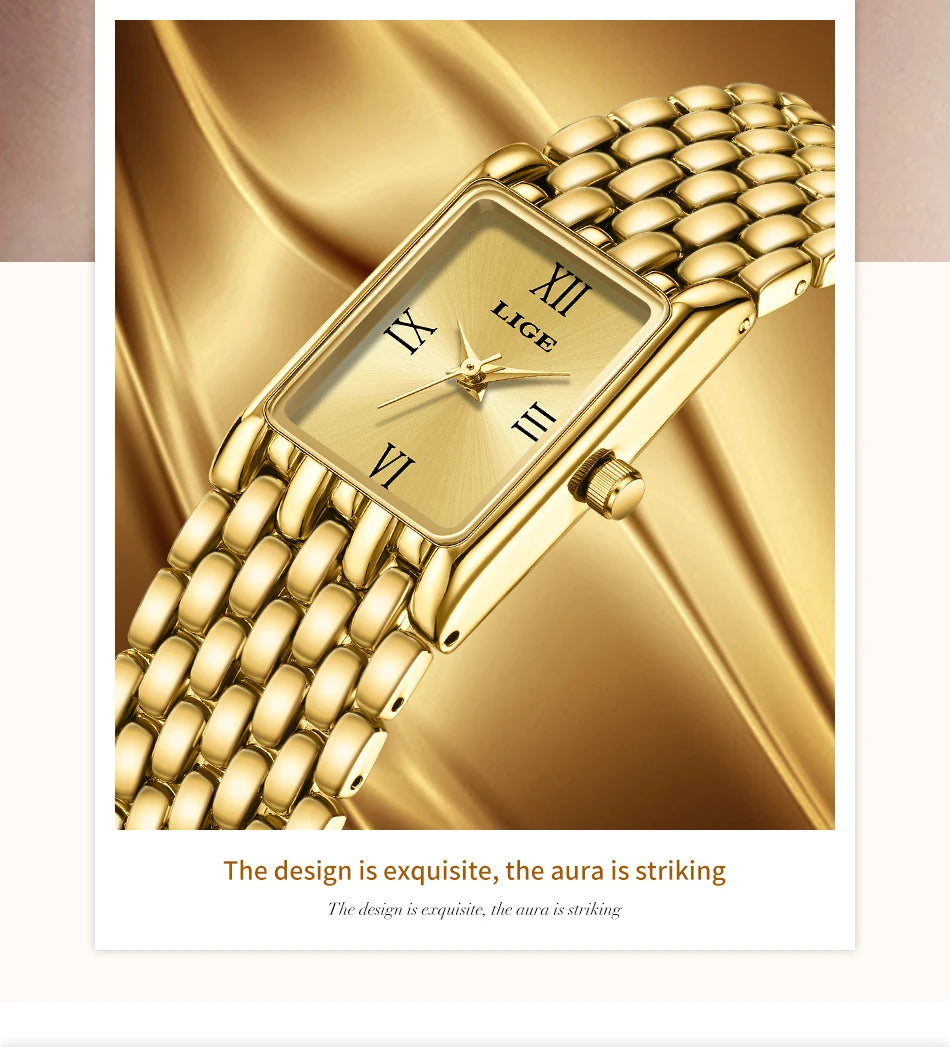 LIGE Silver Watch for Women Square Ladies Quartz Wristwatches Stainless Steel Women Small Gold Watch Luxury Casual Fashion Watch