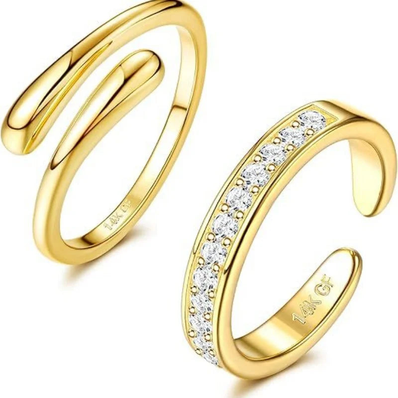 14K Gold-Plated Adjustable Zircon Foot Ring Two-Piece Set for Women During Summer Beach Vacation Toe Ring Jewelry Accessories
