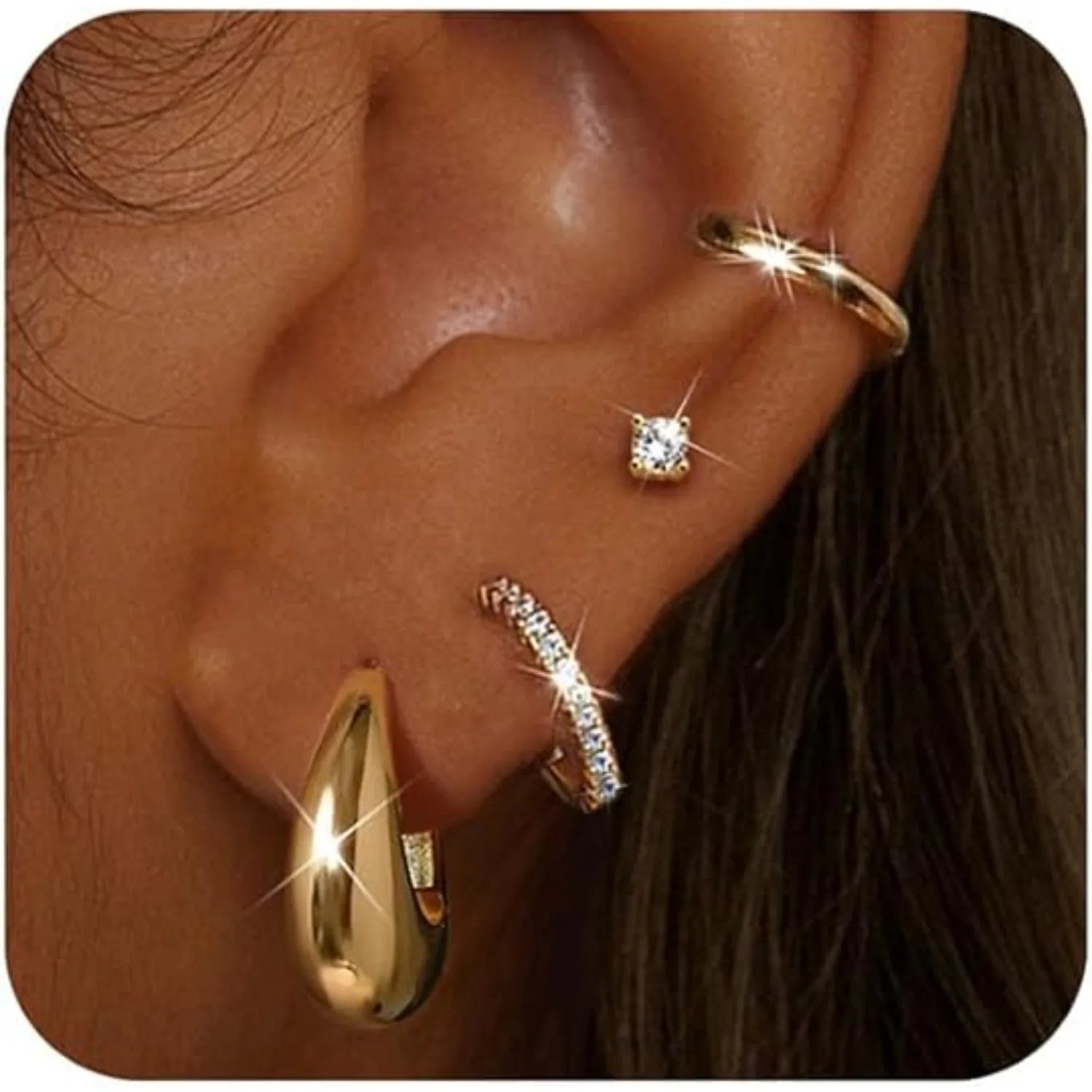 4 Pairs 14K Gold Plated Hoop Earrings for Women Surgical Steel Huggie Earings Stacks Set Dainty Cartilage Flat Back Stud Jewelry