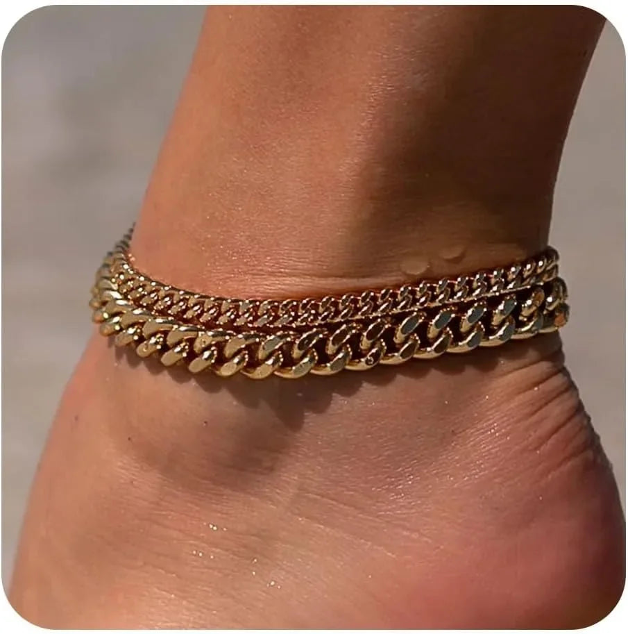 Gold Ankle Bracelets for Women K Gold Plated/Silver Anklets for Women Waterproof Minimalist Cuban Link Anklets Set Gift