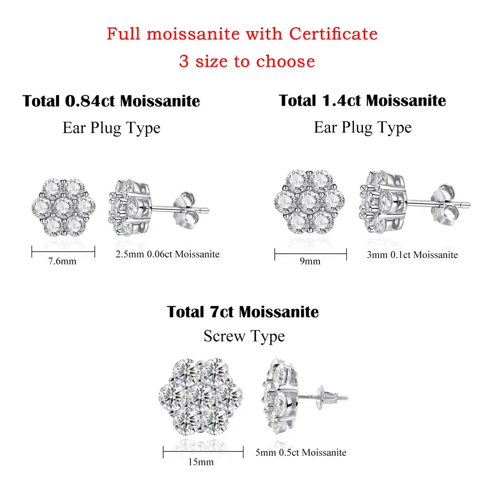 FEOBUR 3mm Full Moissanite Stud Earrings for Women 925 Sterling Silver 7-Stone Flower Wedding Earring Certified Jewelry Gift