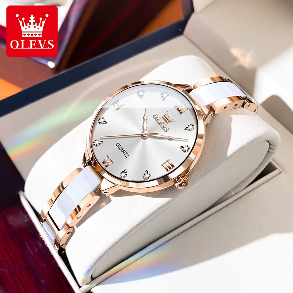 OLEVS Luxury Brand Women's Watches Elegant Fashion Ceramic strip Waterproof Japan Imports Quartz Watch Dress Lady Watch Simple