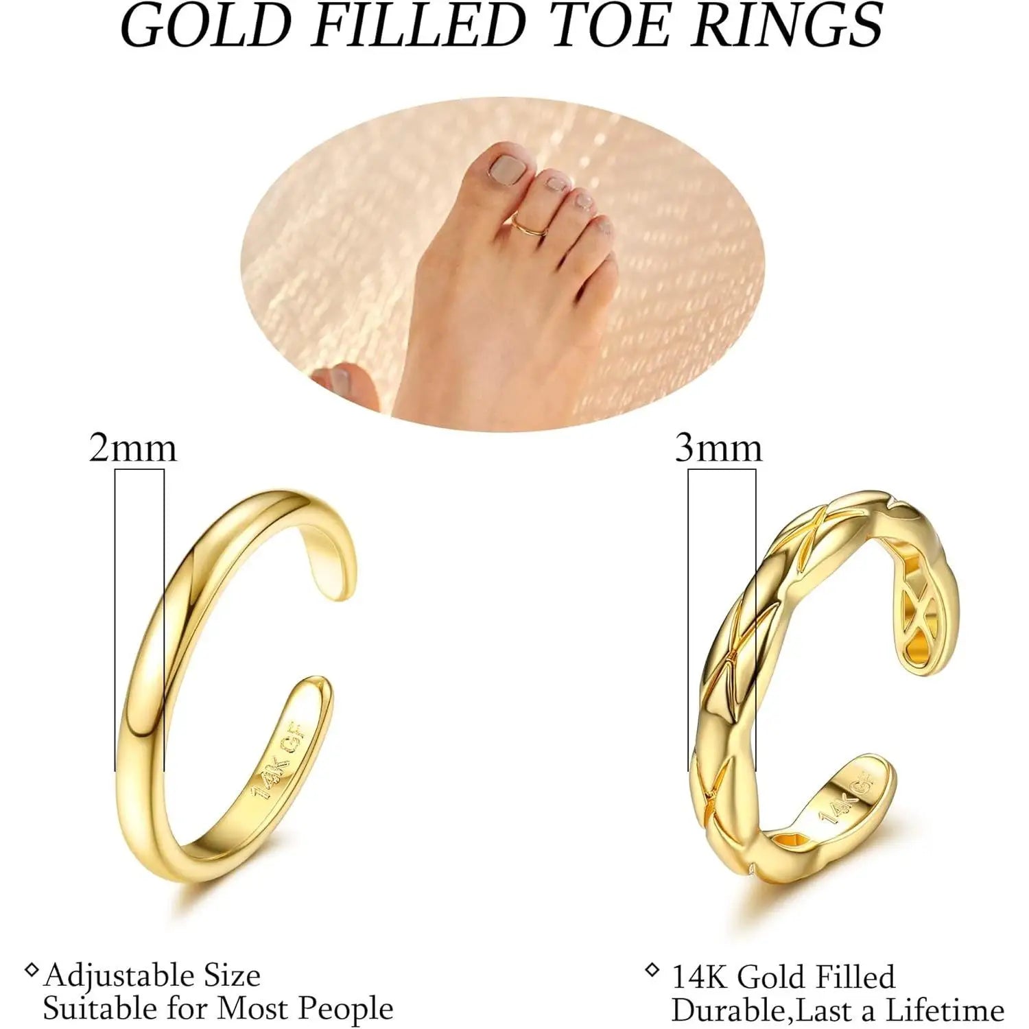 2Pcs 14K Gold Plated Toe Rings for Women Simple Open Band Toe Ring Adjustable Toe Rings Jewellry Gifts