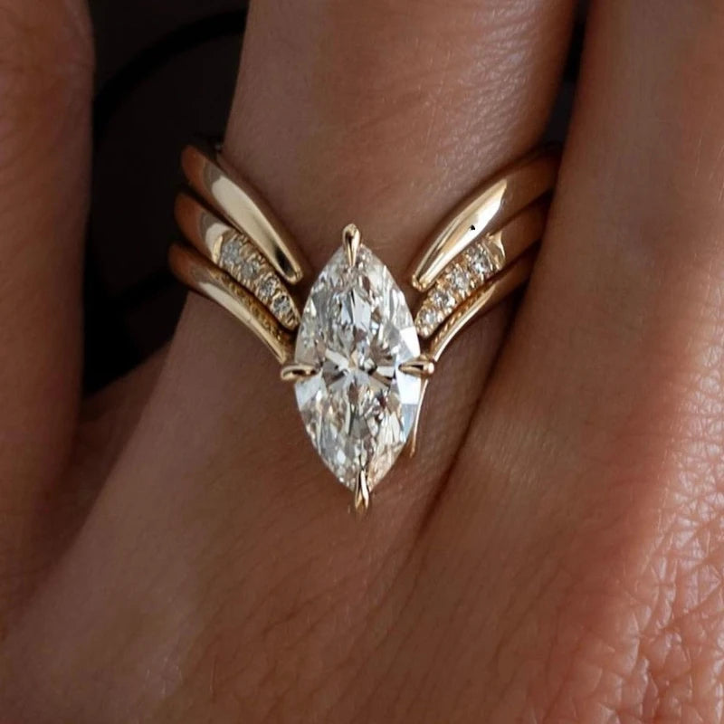 New Fashion Teardrop-shaped Inlaid Zirconia Ring 3 Pieces / Set of Women's Exquisite Sparkling Wedding Party Jewelry Gifts