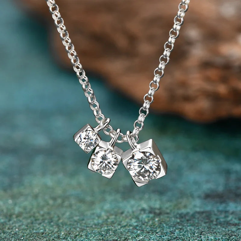 OXTAO Real 925 Silver Three Stone Moissanite Pendant Necklace Glittering Diamond for Women Chain Necklaces Jewelry Gift