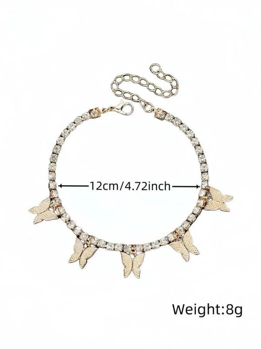 Women's Elegant Butterfly Design Anklet, Fashion Glamorous Rhinestone Anklet for Women & Gift, Casual Vacation Beach Jewelry Acc