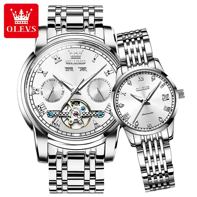 100% Original OLEVS Automatic Mechanical Couple Wrist Watches for Men and Women Waterproof Watches His or Hers Lover's Watch Set