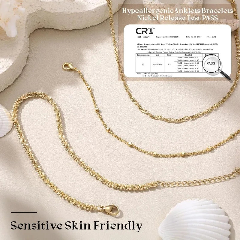 Ankle Bracelets for Women Waterproof, 14K Gold Plated Stainless Steel Cuban Figaro Link Chain Beaded Anklets Set, Non Tarnish