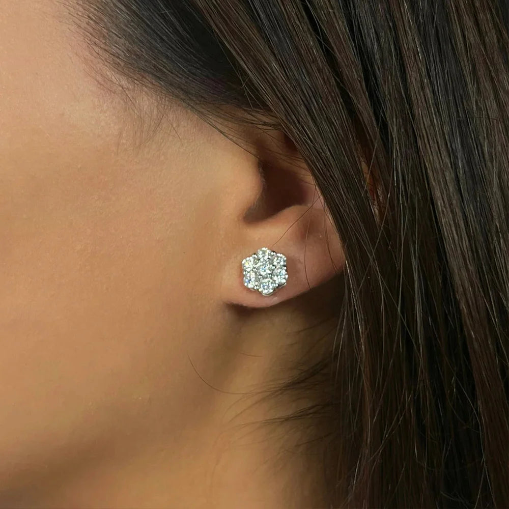 FEOBUR 3mm Full Moissanite Stud Earrings for Women 925 Sterling Silver 7-Stone Flower Wedding Earring Certified Jewelry Gift