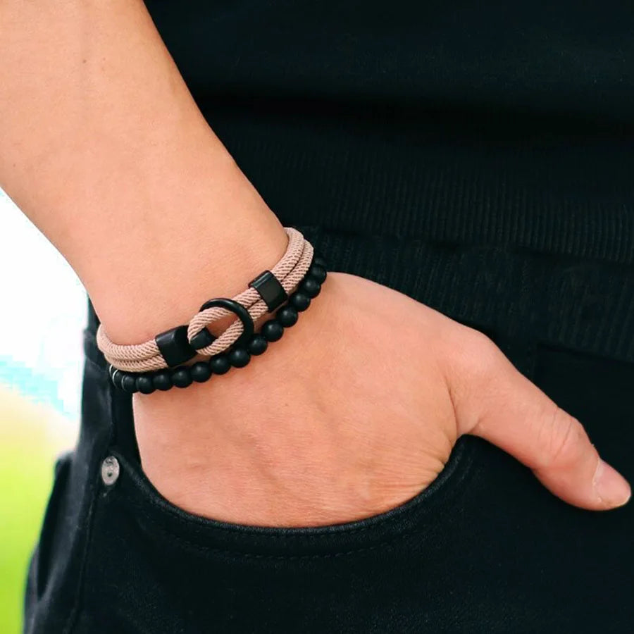 Noter New 2Pcs/Set Men Bracelet Set Double Layer Rope Nautical Braslet 6mm Black Onyx Stone Braclet Leisure Accessories Pulseria