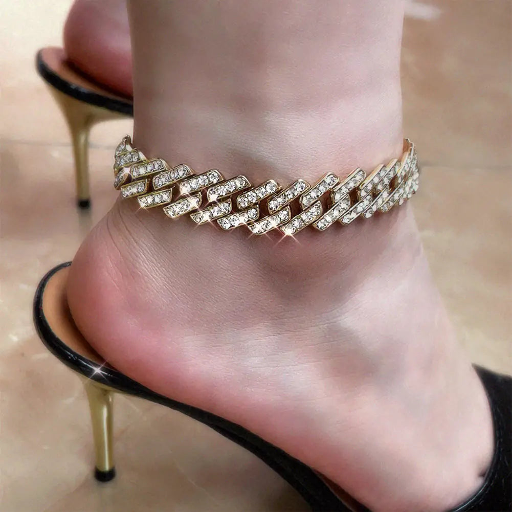 Hip Hop Iced Out Prong Cuban Link Chain Anklet For Women Gold Silver Color Prong Rhombus Cuban Anklets Bracelet Fashion Jewelry