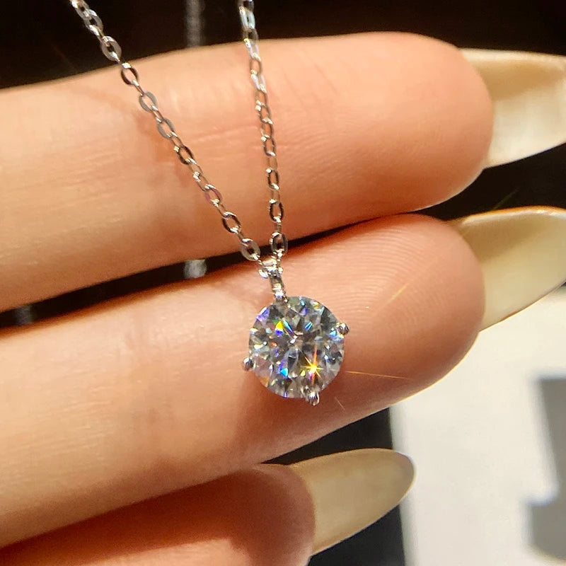 S925 Sterling Silver Brilliant Classic 1-2CT Moissanite Diamond Round Pendant Necklace for Women Engagement Wedding Jewelry