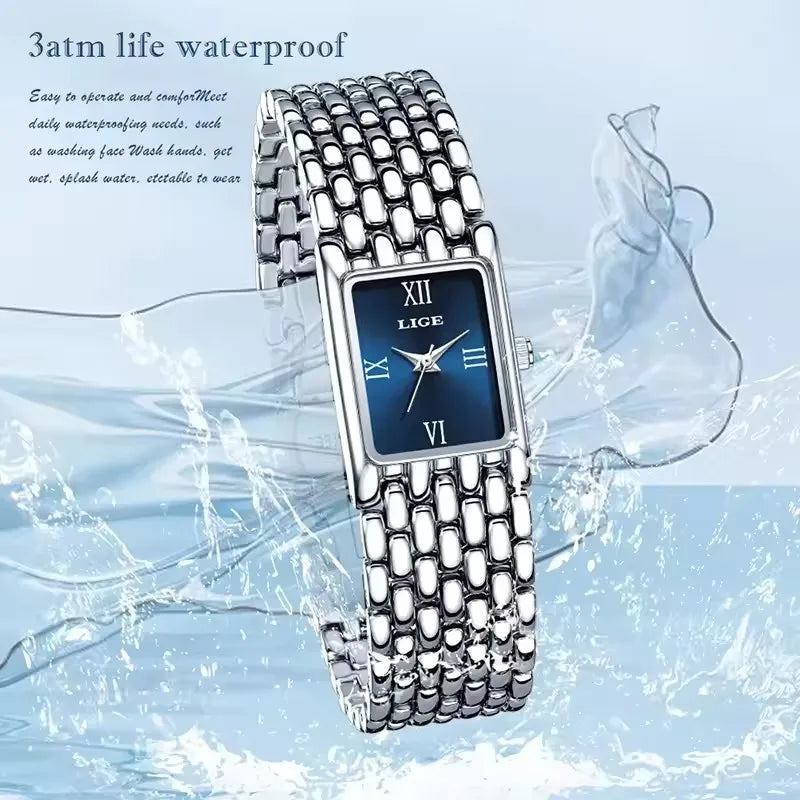 LIGE Silver Watch for Women Square Ladies Quartz Wristwatches Stainless Steel Women Small Gold Watch Luxury Casual Fashion Watch