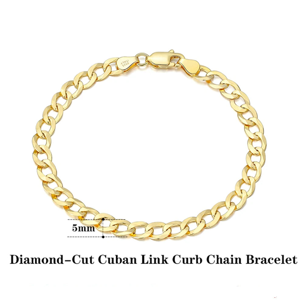 Rinntin 18K Gold Over 925 Sterling Silver 3mm/5mm Italian Diamond Cut Cuban Link Curb Chain Necklace for Women Men Jewelry SC60