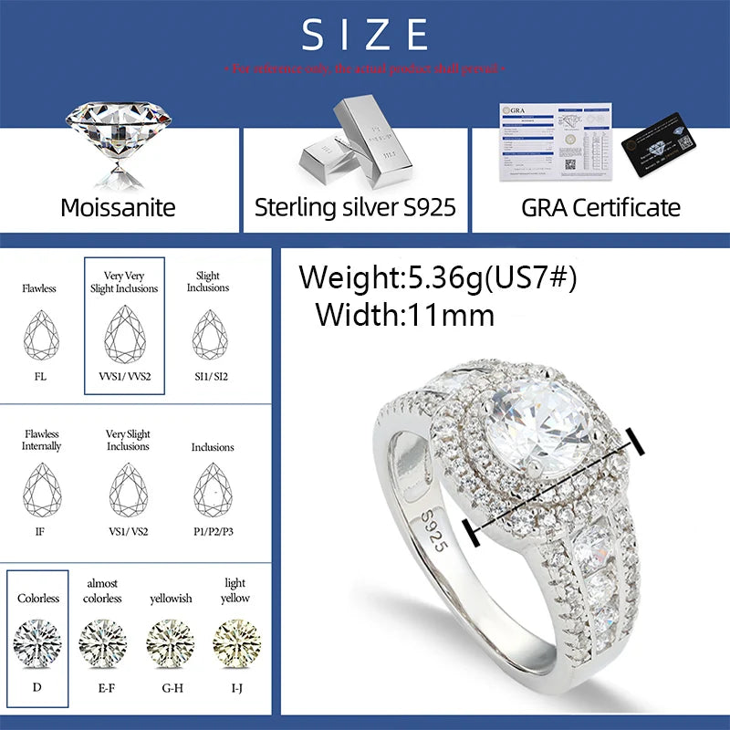 Luxury 925 Sterling Silver Moissanite Round Ice Diamond Ring for Women Men Wedding Party Band Jewelry Gifts 18K Gold Plated