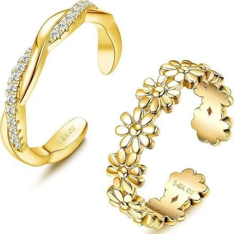 14K Gold-Plated Adjustable Zircon Foot Ring Two-Piece Set for Women During Summer Beach Vacation Toe Ring Jewelry Accessories