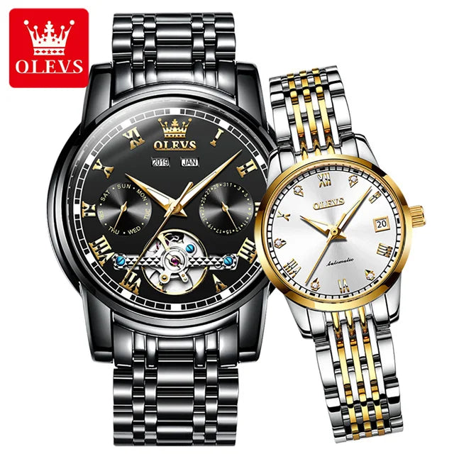 100% Original OLEVS Automatic Mechanical Couple Wrist Watches for Men and Women Waterproof Watches His or Hers Lover's Watch Set