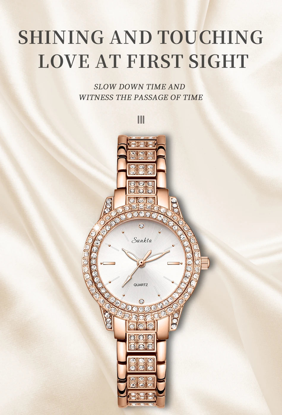 SUNKTA Women Wristwatches Relojes Para Mujer Luxury Classic Golden Watch Women Alloy Strap Round Rhinestone Dail Quartz Watches