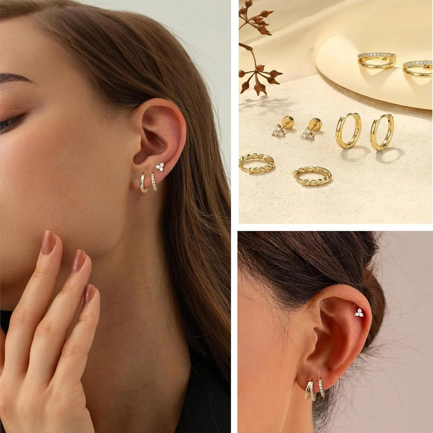 4 Pairs 14K Gold Plated Hoop Earrings for Women Surgical Steel Huggie Earings Stacks Set Dainty Cartilage Flat Back Stud Jewelry