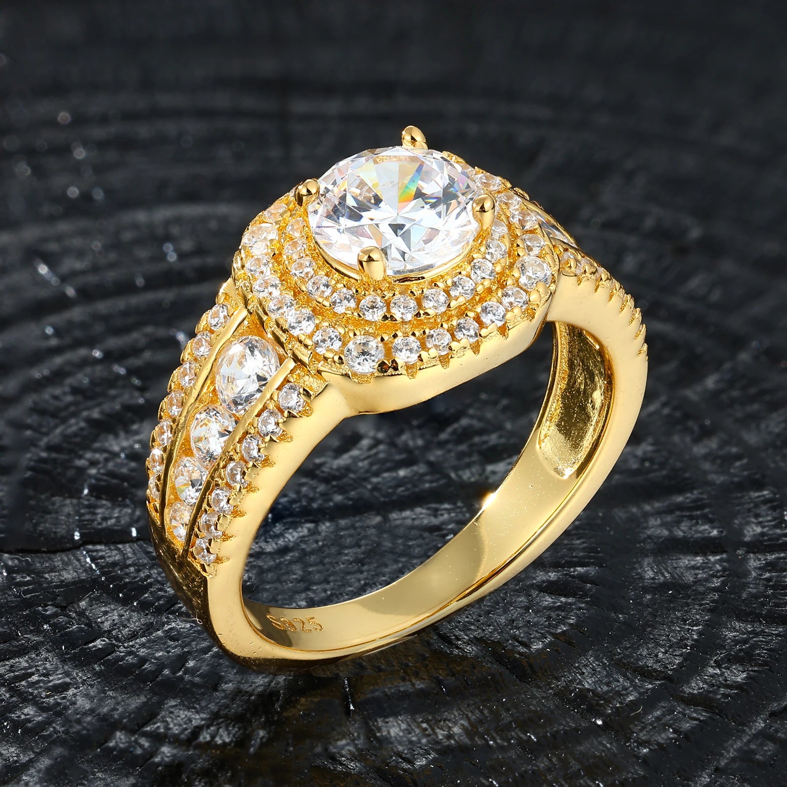 Luxury 925 Sterling Silver Moissanite Round Ice Diamond Ring for Women Men Wedding Party Band Jewelry Gifts 18K Gold Plated