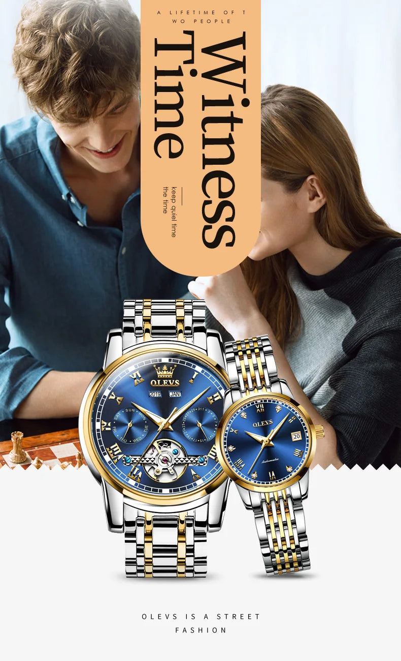 100% Original OLEVS Automatic Mechanical Couple Wrist Watches for Men and Women Waterproof Watches His or Hers Lover's Watch Set