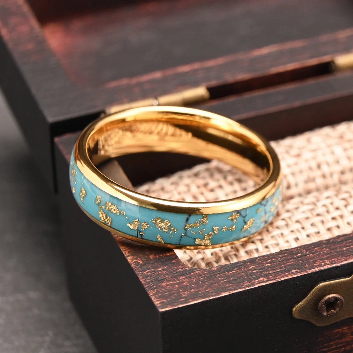 6MM Turquoise Inlay Broken Gold Foil Tungsten Rings Engagement Gold Plating Band For Man Woman Jewelry Luxury Design Gifts