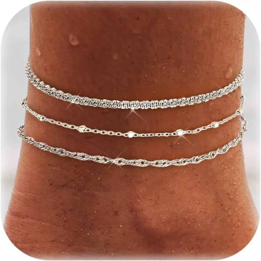 Ankle Bracelets for Women Waterproof, 14K Gold Plated Stainless Steel Cuban Figaro Link Chain Beaded Anklets Set, Non Tarnish