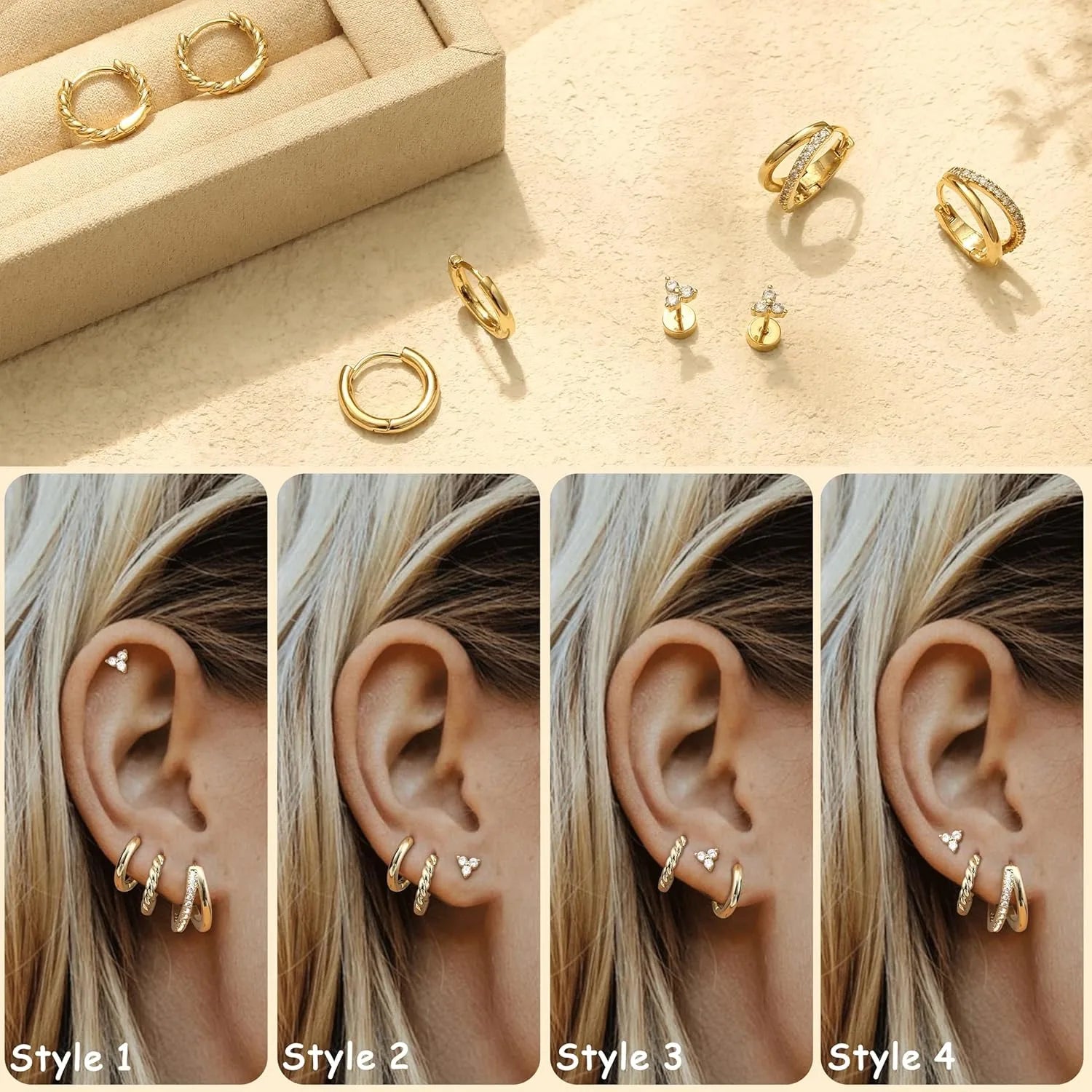 4 Pairs 14K Gold Plated Hoop Earrings for Women Surgical Steel Huggie Earings Stacks Set Dainty Cartilage Flat Back Stud Jewelry