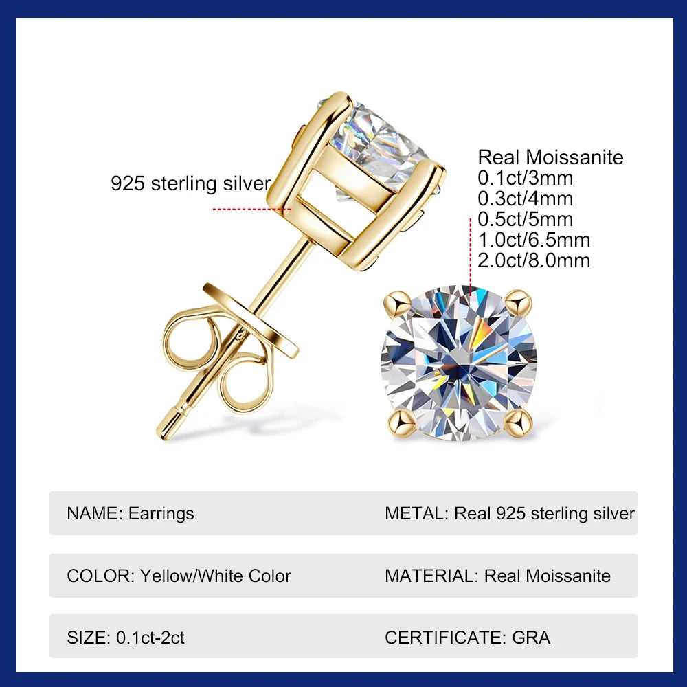 Sweetrain 925 Silver GRA Certified 0.1-2CT Moissanite Stud Earrings D/VVS1 Lab Diamond Four-jaw Earring Women Wedding Jewelry