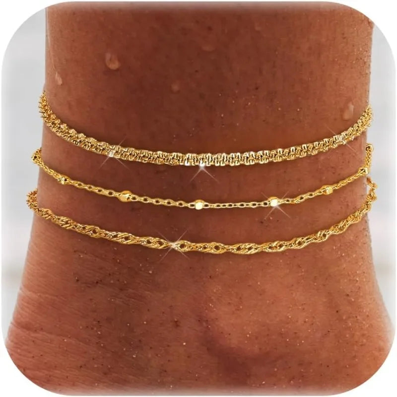 Ankle Bracelets for Women Waterproof, 14K Gold Plated Stainless Steel Cuban Figaro Link Chain Beaded Anklets Set, Non Tarnish