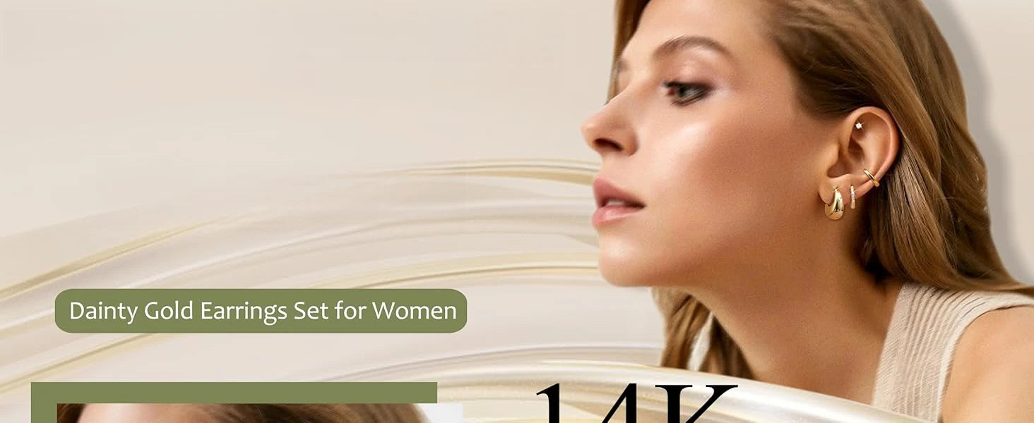 4 Pairs 14K Gold Plated Hoop Earrings for Women Surgical Steel Huggie Earings Stacks Set Dainty Cartilage Flat Back Stud Jewelry